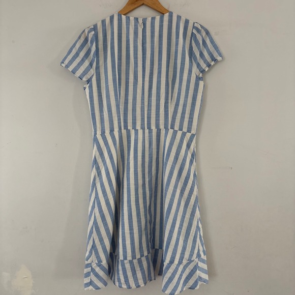 J.Crew Faux Wrap Dress Blue Stripe Cotton Ruffle Hem Party Nautical Preppy Wmn M - Picture 9 of 10